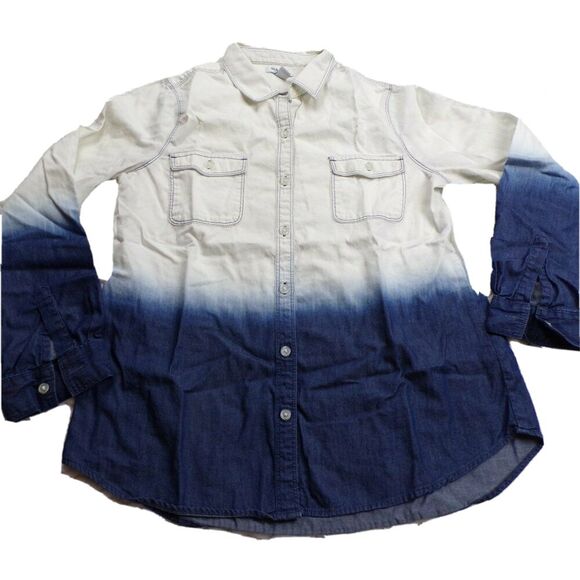 Old Navy Womens Shirt Medium Blue White Button Up Dip Die Long Sleeve Pockets - Picture 1 of 4